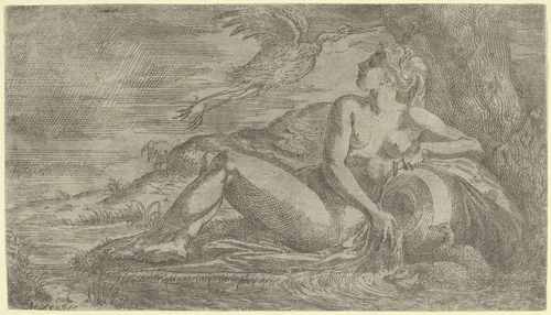 Nymph Watching a Heron Flying Away by Léon Davent, print, 1537-1550