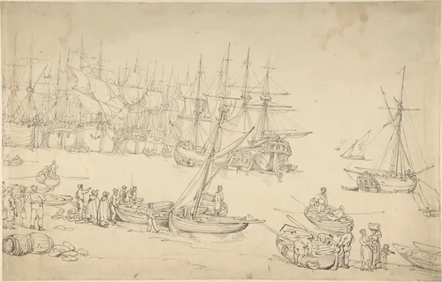 Harbor scene by Thomas Rowlandson, drawing, 1775-1827
