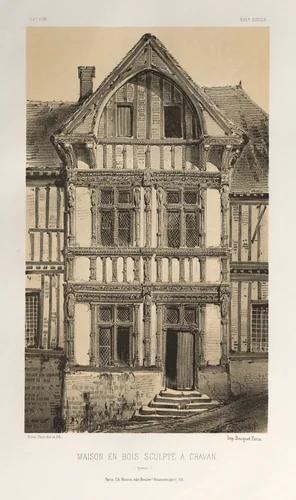 Architecture Pittoresque ou Monuments des xveme. Et xvieme. Siecles: Chateaux De France des XV et XVI Siecles: Pl. 25, Maison En Bois Sculpte A Cravan (Yonne) by Victor Petit, print, 1860