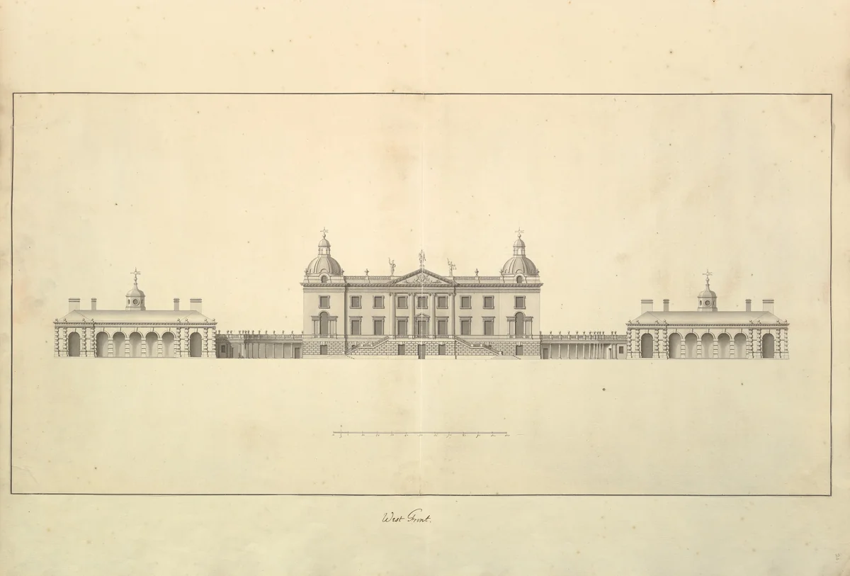 The West Front of Houghton Hall, Norfolk, Elevation by Isaac Ware, drawing, 1735