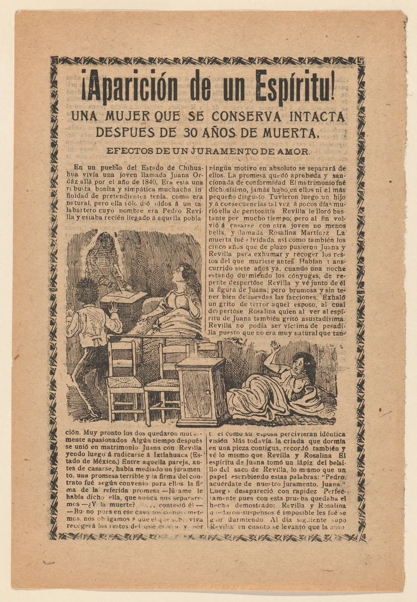 Broadside relating to a news story about an apparition of a spirit, women sitting up in bed looking at a ghost by José Guadalupe Posada, print, 1895-1905
