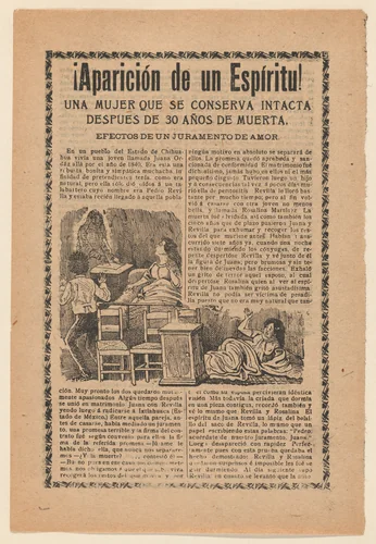 Broadside relating to a news story about an apparition of a spirit, women sitting up in bed looking at a ghost by José Guadalupe Posada, print, 1895-1905
