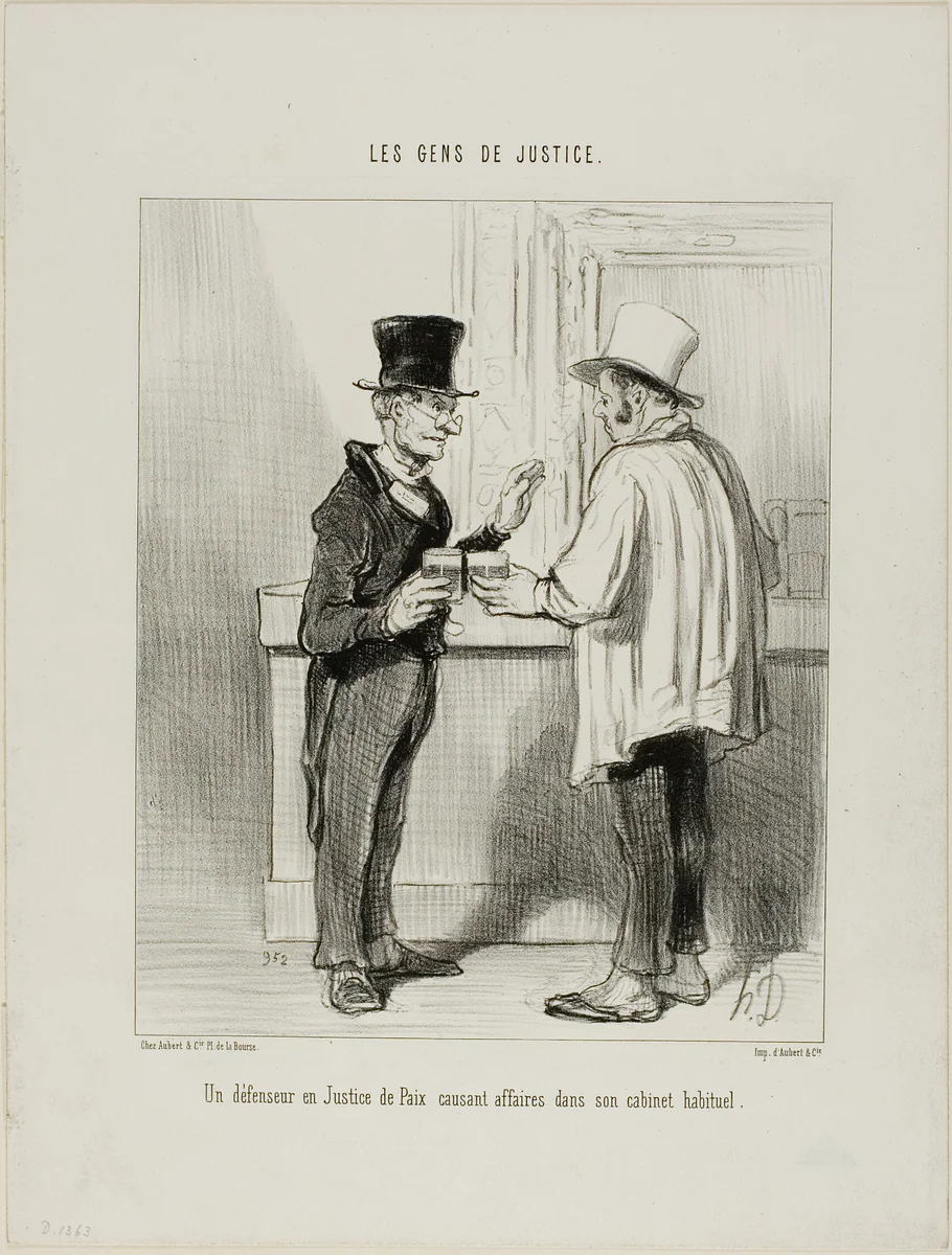 A defence lawyer at the Court of Arbitration discussing business at his usual office premises, plate 27 from Les Gens De Justice by Honoré-Victorin Daumier, print, 1846