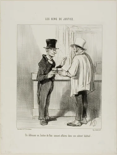 A defence lawyer at the Court of Arbitration discussing business at his usual office premises, plate 27 from Les Gens De Justice by Honoré-Victorin Daumier, print, 1846