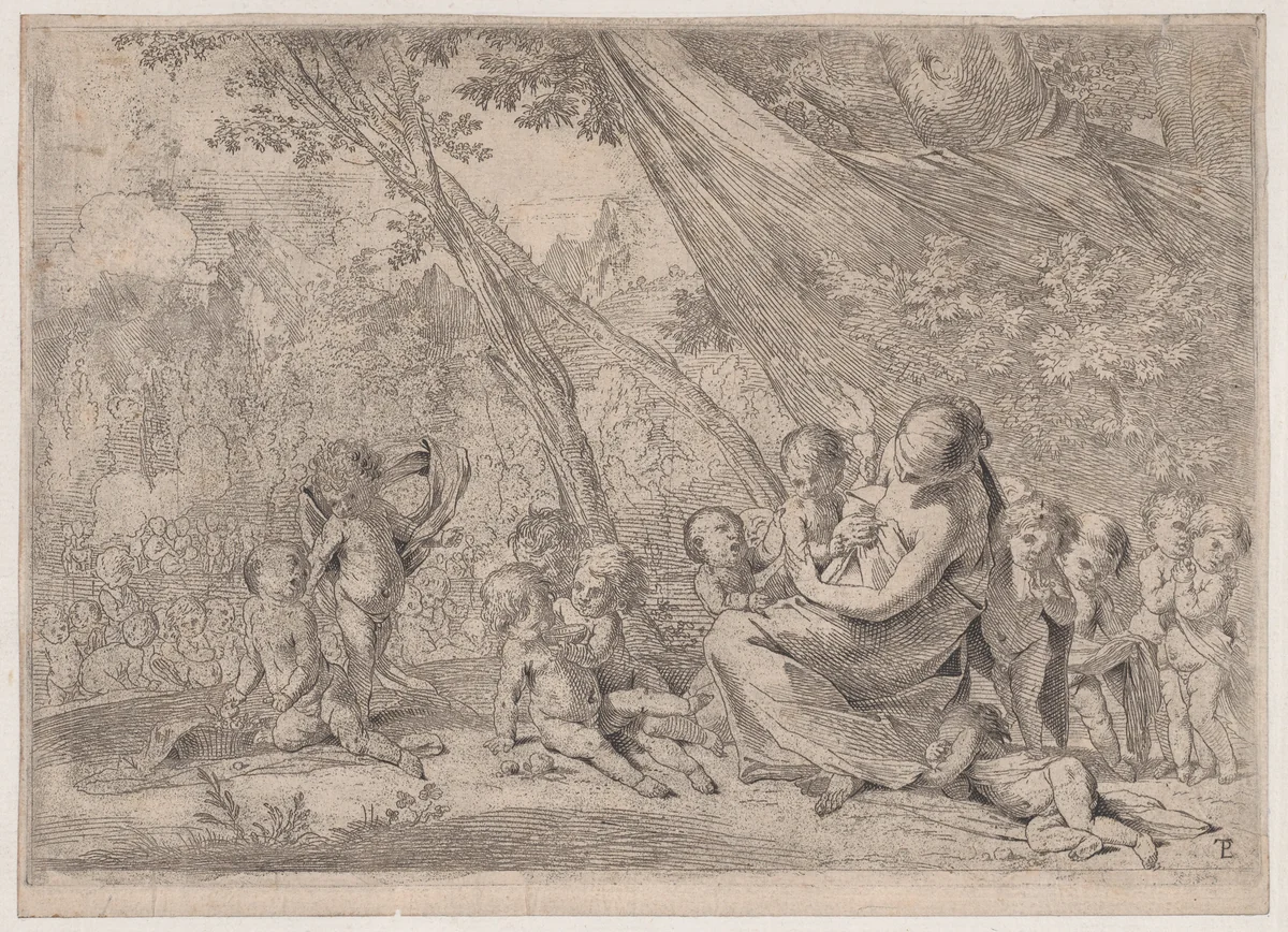 The garden of charity, woman representing Charity at right surrounded by children by Pietro Testa, print, 1600-1650