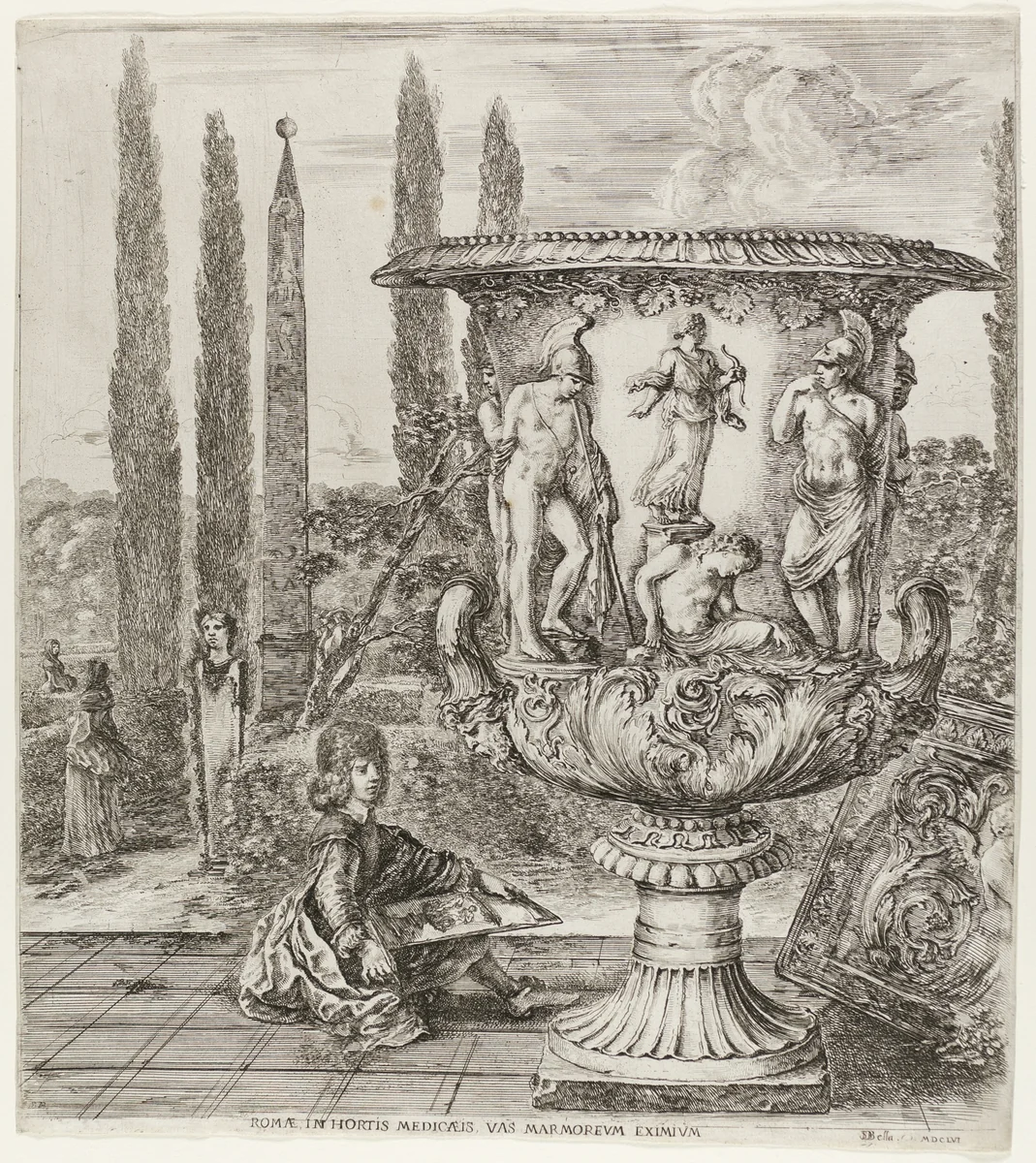 The Medici Vase, plate one from The Six Large Views of Rome and the Campagna by Stefano della Bella, print, 1656
