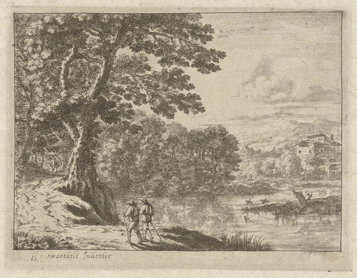 Landschap met een marskramer en wandelaars by anonymous, print, 1623-1705