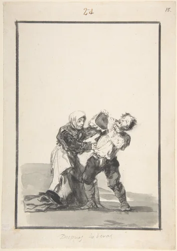 You'll See Later; a man drinking, a woman trying to stop him; page 24 from the "Black Border Album" (E) by Goya, drawing, 1811-1821