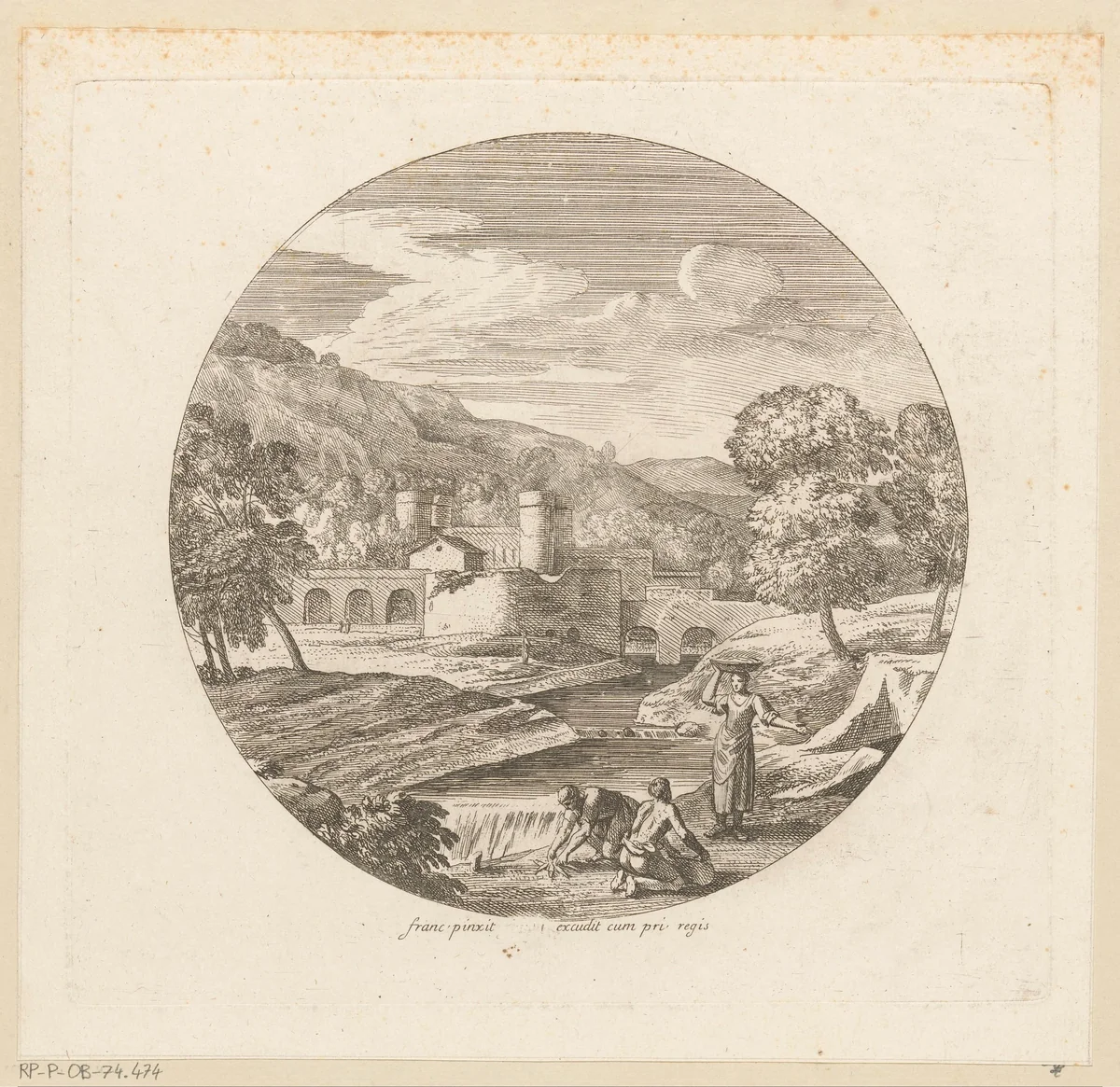 Arcadisch landschap met vissers bij een rivier by Théodore, print, 1690-1730
