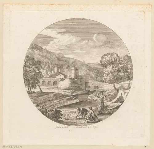 Arcadisch landschap met vissers bij een rivier by Théodore, print, 1690-1730