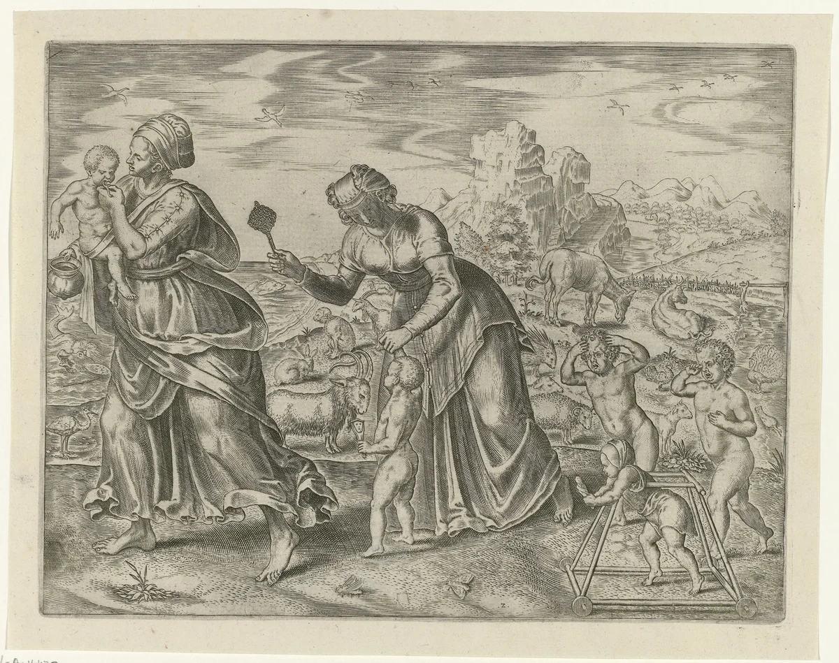 De mensheid moet alles aanleren by Philips Galle, print, 1563