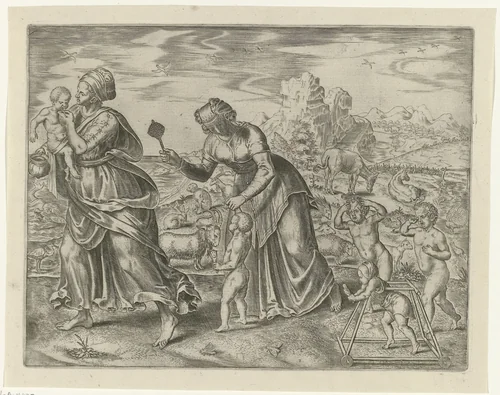 De mensheid moet alles aanleren by Philips Galle, print, 1563