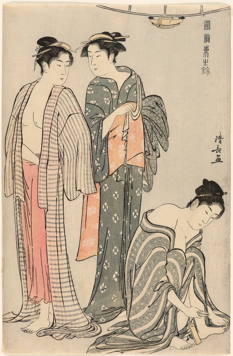 Three Women after a Bath, from the series "A Brocade of Eastern Manners (Fuzoku Azuma no nishiki)" by Torii Kiyonaga (鳥居清長), print, 1778-1789
