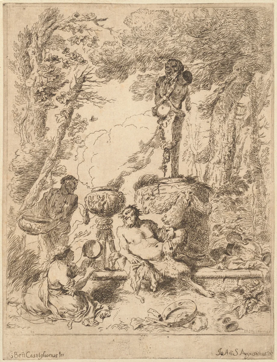 Bacchanal by a Herm by Giovanni Santagostino, print, 1670-1700