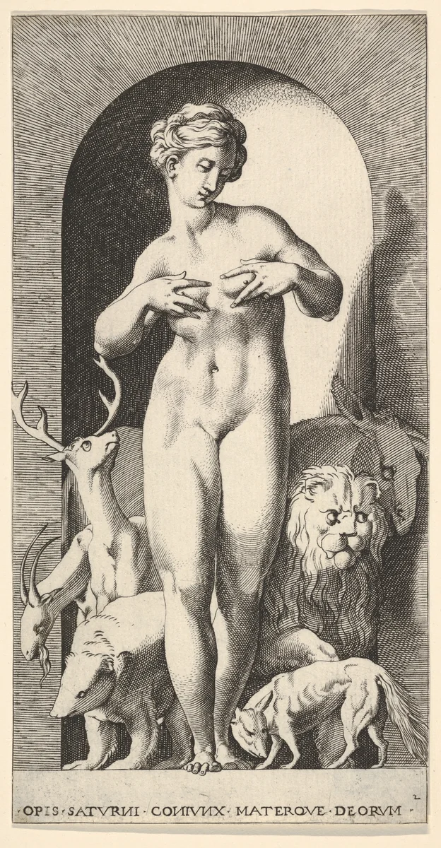 Plate 2: Ops standing in a niche with her hands at her breasts, looking to her left, with animals behind her, from "Mythological Gods and Goddesses" by Giovanni Jacopo Caraglio, print, 1526