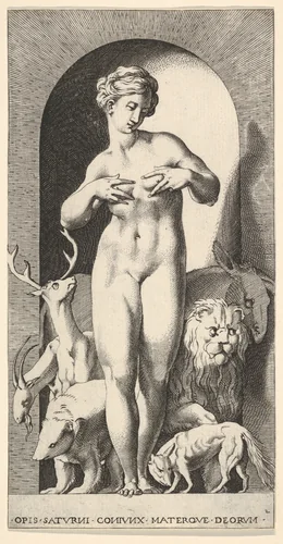 Plate 2: Ops standing in a niche with her hands at her breasts, looking to her left, with animals behind her, from "Mythological Gods and Goddesses" by Giovanni Jacopo Caraglio, print, 1526
