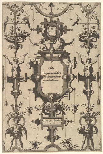 Surface Decoration, Grotesque with Strapwork, Including Three Cartouches from series of Surface Decorations, Grotesques with Strapwork with Maxims by Six Wise Men of Greece by Johannes van Doetecum, book, 1554
