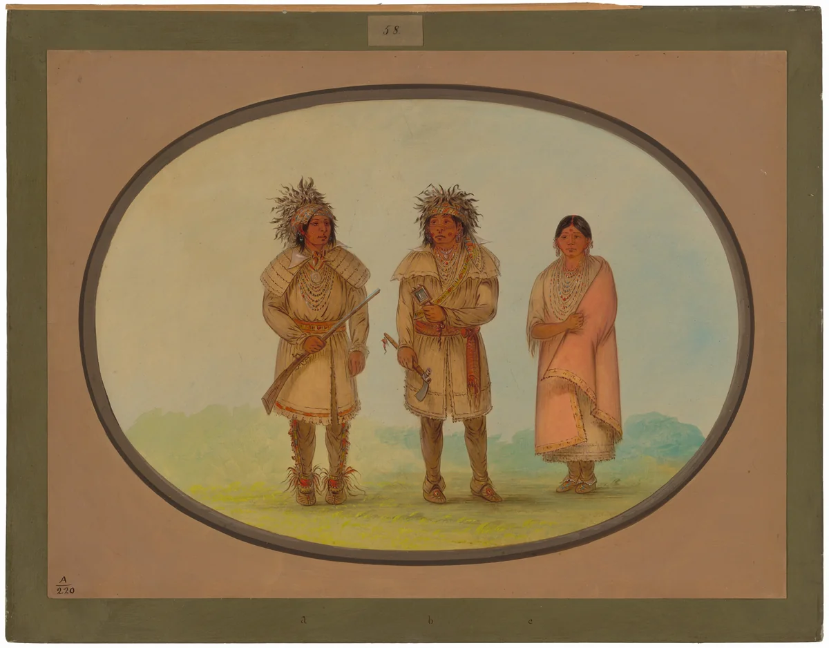 Three Peoria Indians by George Catlin, painting, 1861-1869