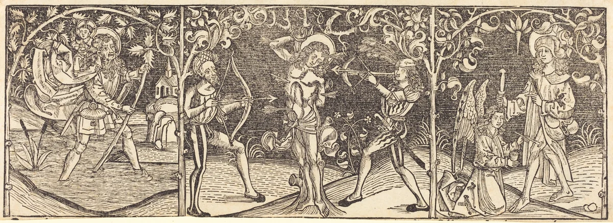 Saints Christopher, Sebastian, and Roche by German 15th Century, print, 1495