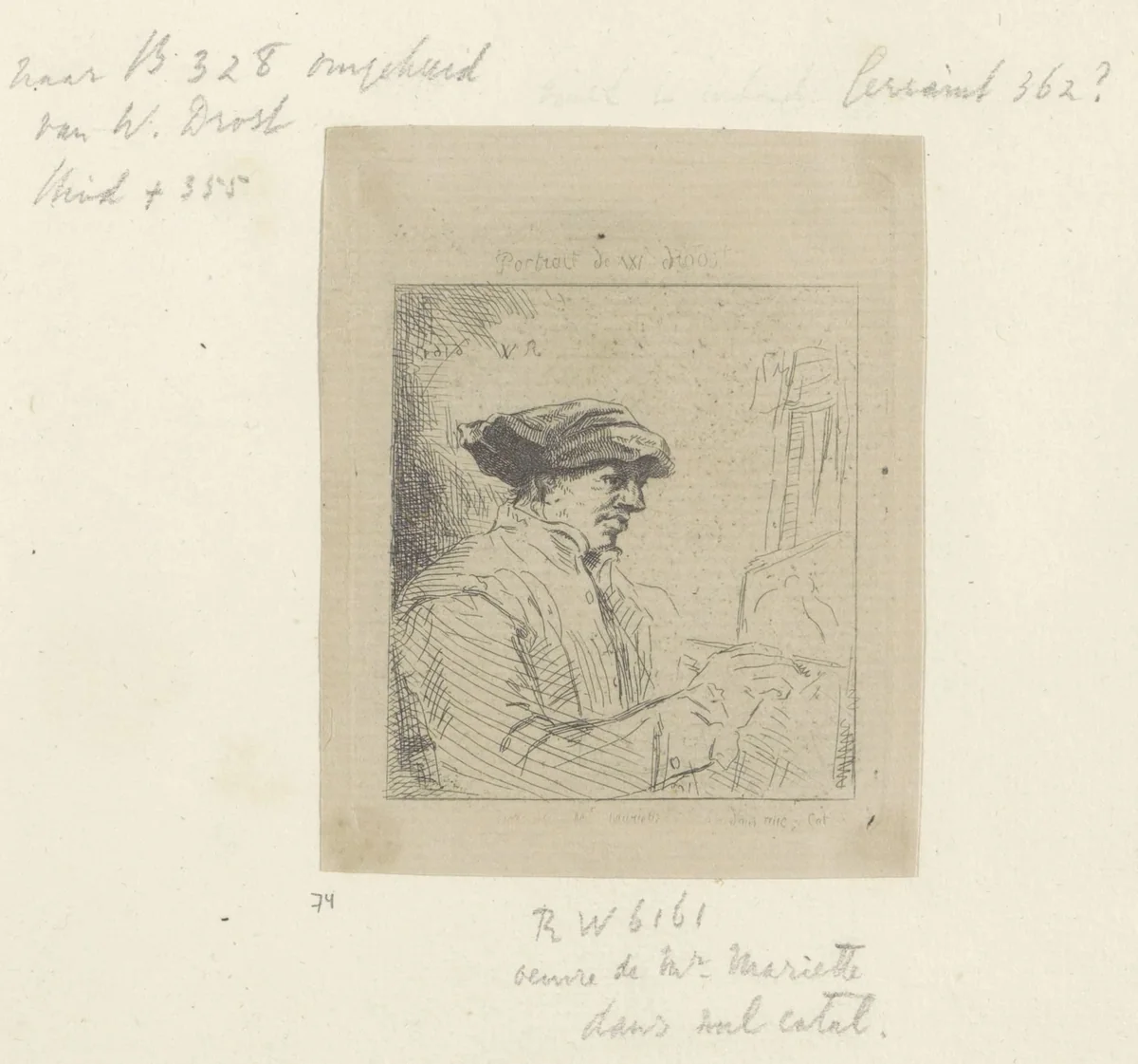 Zelfportret van Willem Drost voor de ezel by anonymous, print, 1650-1807