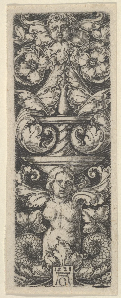 Vertical Panel with a Candelabrum Containing a Child's Head and a Woman with Two Fish Tails by Heinrich Aldegrever, print, 1528