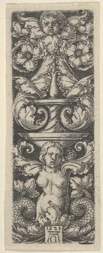 Vertical Panel with a Candelabrum Containing a Child's Head and a Woman with Two Fish Tails by Heinrich Aldegrever, print, 1528