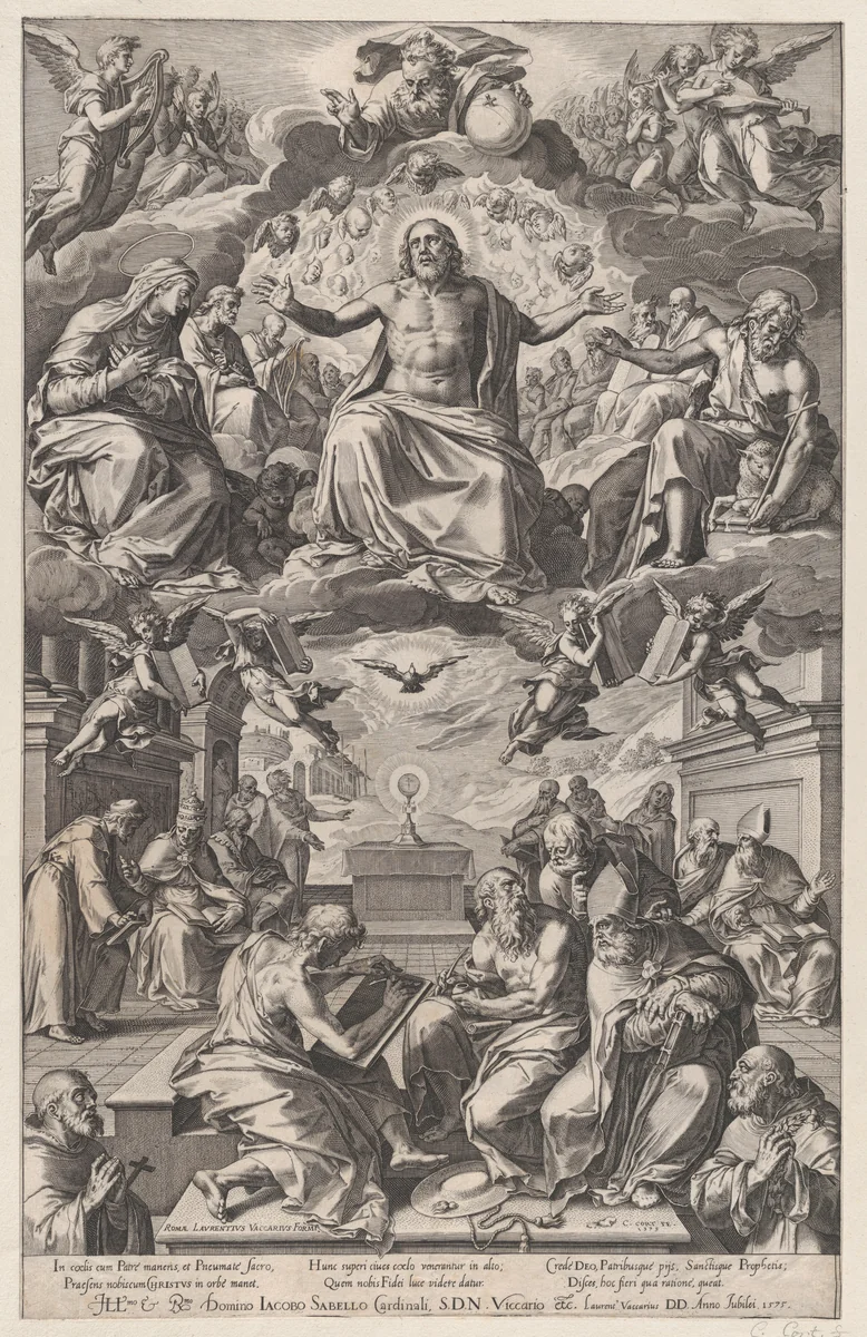 The Dispute of the Church Fathers over the Holy Sacrament by Cornelis Cort, print, 1575