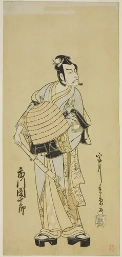 The Actor Ichikawa Danjuro V as Soga no Goro Disguised as a Komuso in the Play Sakai-cho Soga Nendaiki, Performed at the Nakamura Theater in the First Month, 1771 by Katsukawa Shunsho (勝川 春章), print, 1766-1776
