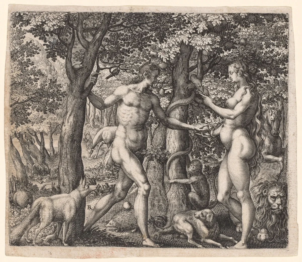 Adam and Eve by Robert Boissard, print, 1590-1600