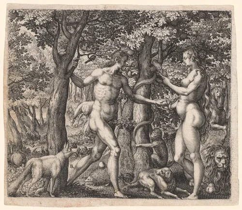 Adam and Eve by Robert Boissard, print, 1590-1600