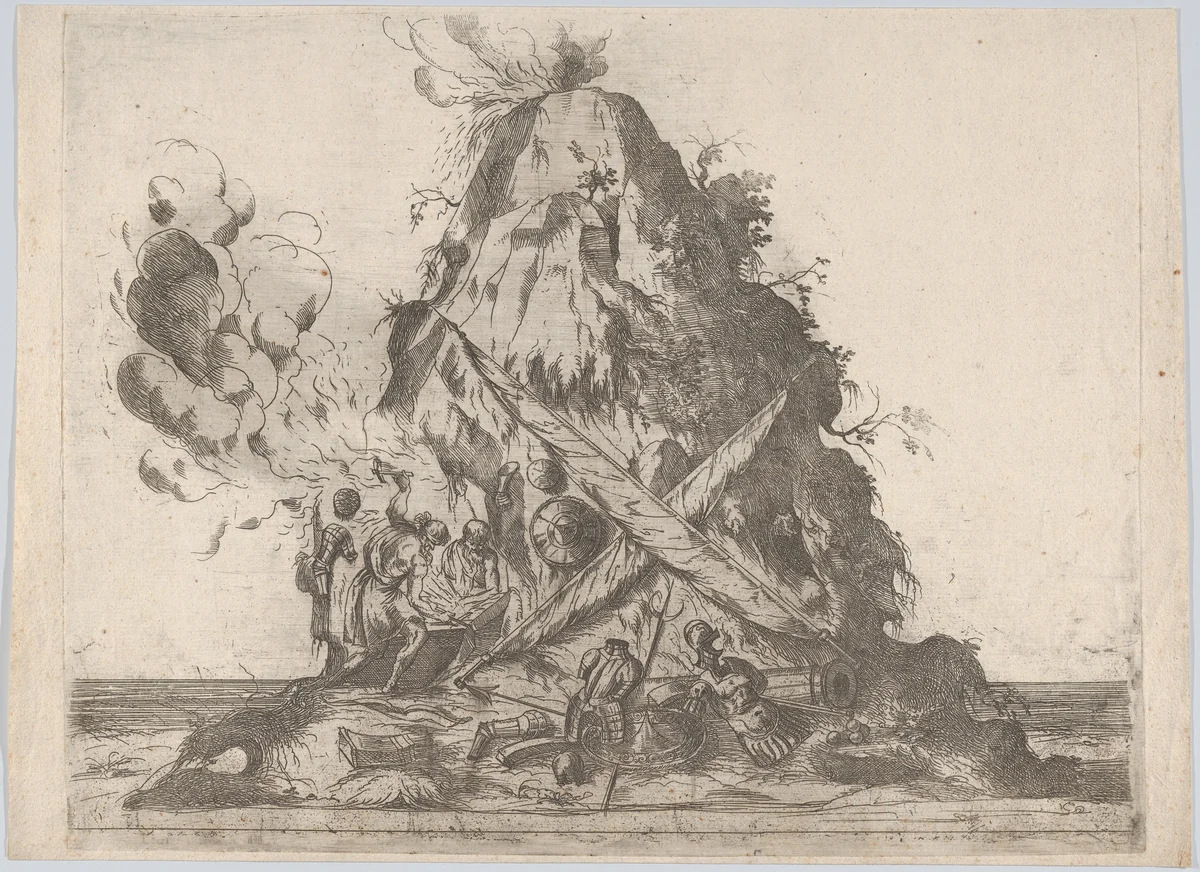 Volcano at center with blacksmiths working at left and armor on the ground around them by anonymous, print, 1500-1599