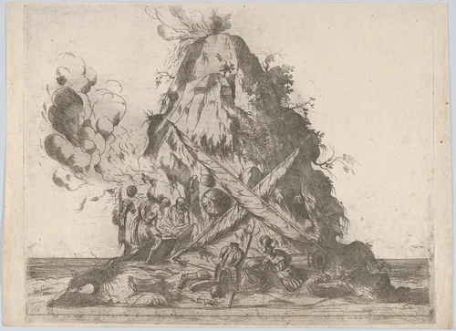 Volcano at center with blacksmiths working at left and armor on the ground around them by anonymous, print, 1500-1599