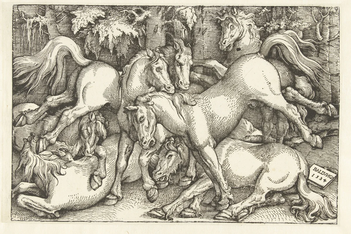 Groep van zeven vechtende paarden by Unknown, print, 1534