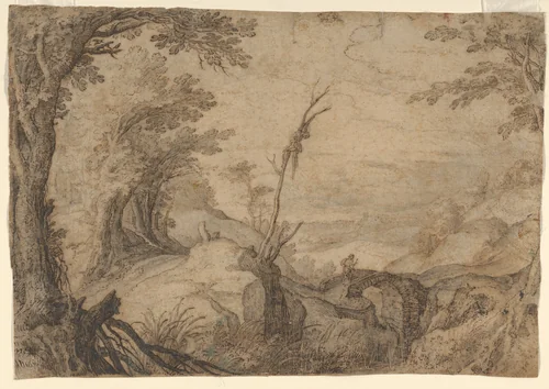 Skeleton Hanging from a Tree in a Landscape by Paul Bril, drawing, 1570-1626