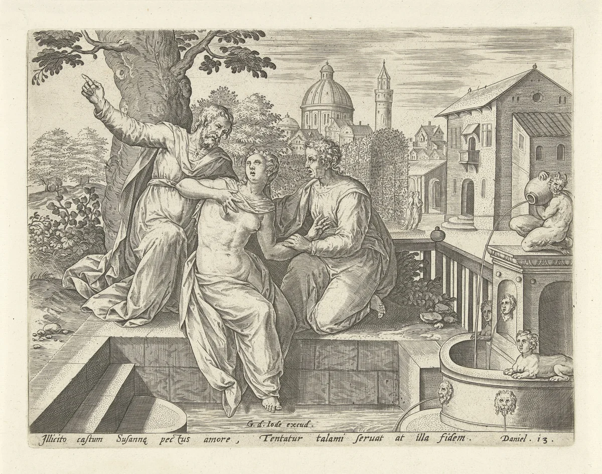 Susanna en de ouderlingen by Hans Collaert, print, 1579