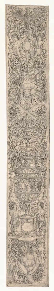 Ornament Panel: Triton and Two Infant Satyrs by Zoan Andrea, print, 1500-1520