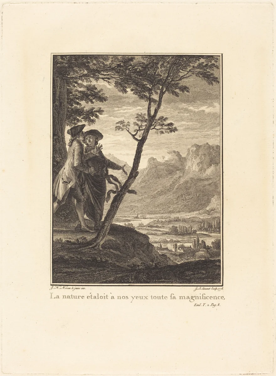 La nature étaloit à nos yeaux toute sa magnificence by Jean-Baptiste Blaise Simonet, Jean-Michel Moreau the Younger, print, 1778