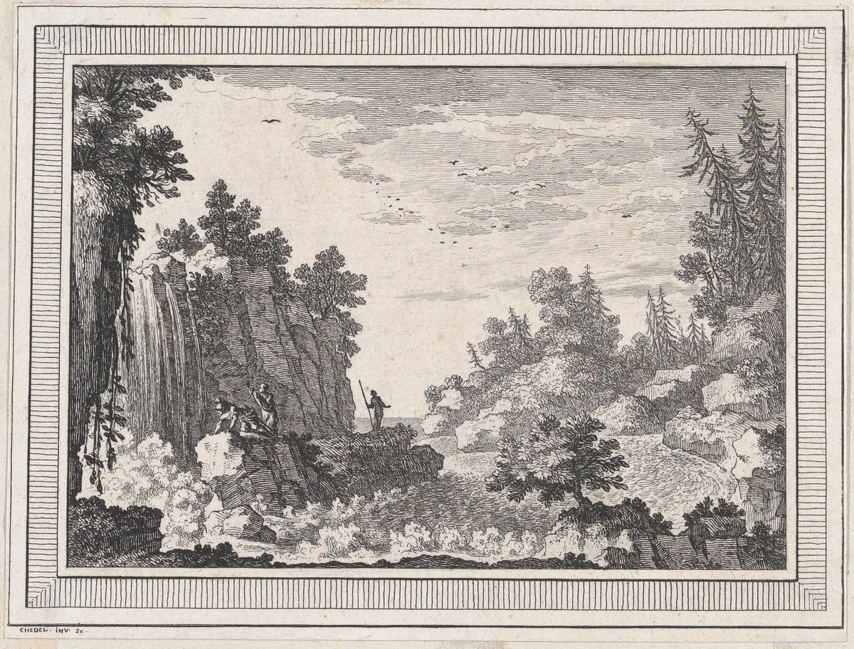 Landscape, from a series of six landscapes dedicated to Madame La Marquise de Pompadour by Quentin Pierre Chedel, print, 1720-1762