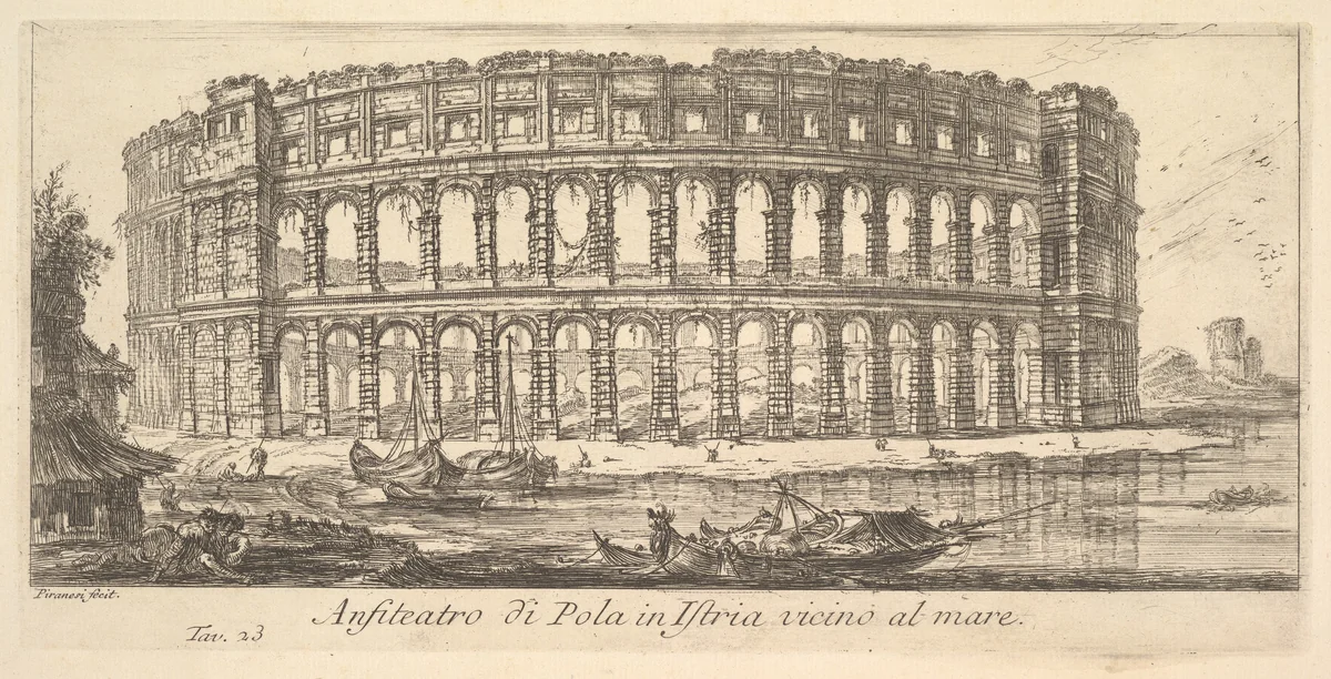 Plate 23: Amphitheater of Pola in Istria near the sea (Anfiteatro di Pola in Istria vicino al mare), from "Alcune Vedute di Archi Trionfali ed altri monumenti inalzati da Romani parte di quali se veggono in Roma e parte per l'Italia" (Some Views of Triumphal Arches and other monuments erected by the Romans, some of which are in Rome and some elsewhere in Italy) by Giovanni Battista Piranesi, print, 1743-1753