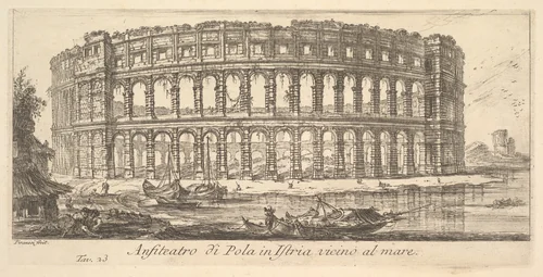 Plate 23: Amphitheater of Pola in Istria near the sea (Anfiteatro di Pola in Istria vicino al mare), from "Alcune Vedute di Archi Trionfali ed altri monumenti inalzati da Romani parte di quali se veggono in Roma e parte per l'Italia" (Some Views of Triumphal Arches and other monuments erected by the Romans, some of which are in Rome and some elsewhere in Italy) by Giovanni Battista Piranesi, print, 1743-1753