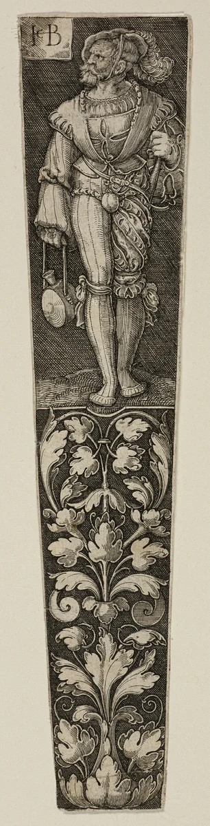 Dagger Sheath with a Landsknecht by Jacob Binck, print, 1563-1575