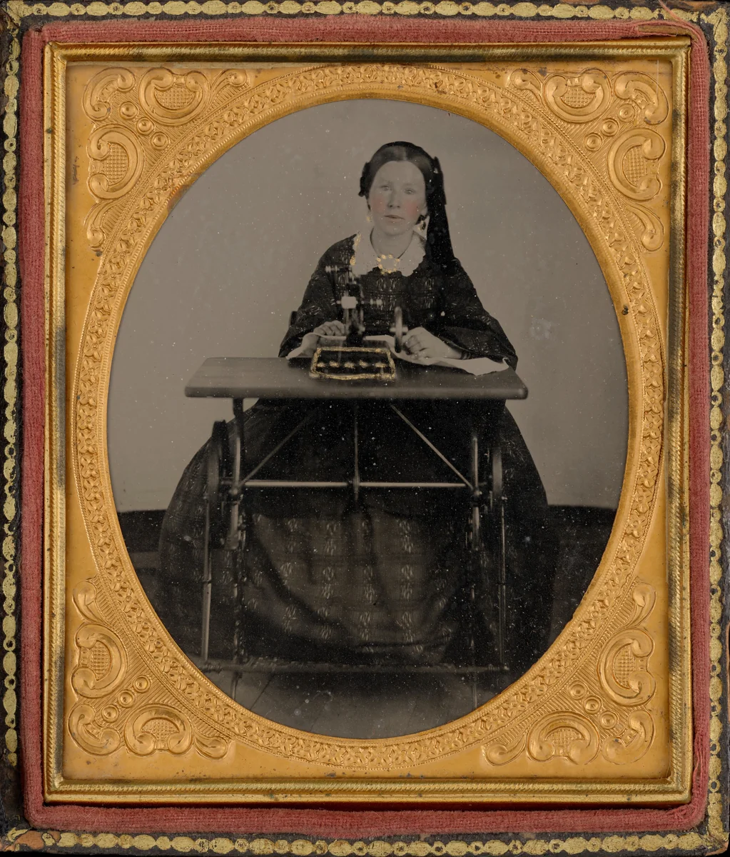 Portrait of a Woman with Sewing Machine by American 19th Century, photograph, 1855-1865