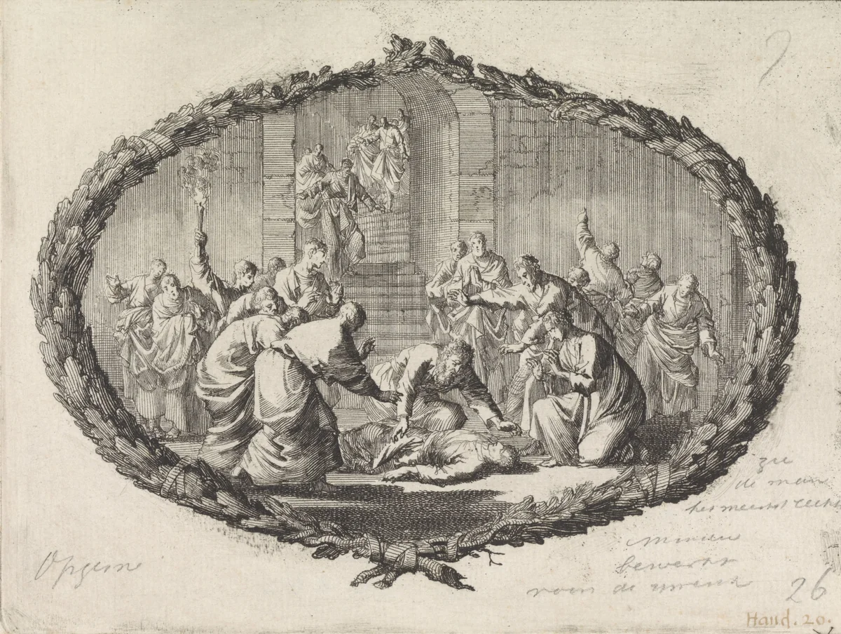 Paulus ontfermt zich over de gevallen Eutychus by Jan Luyken, print, 1700
