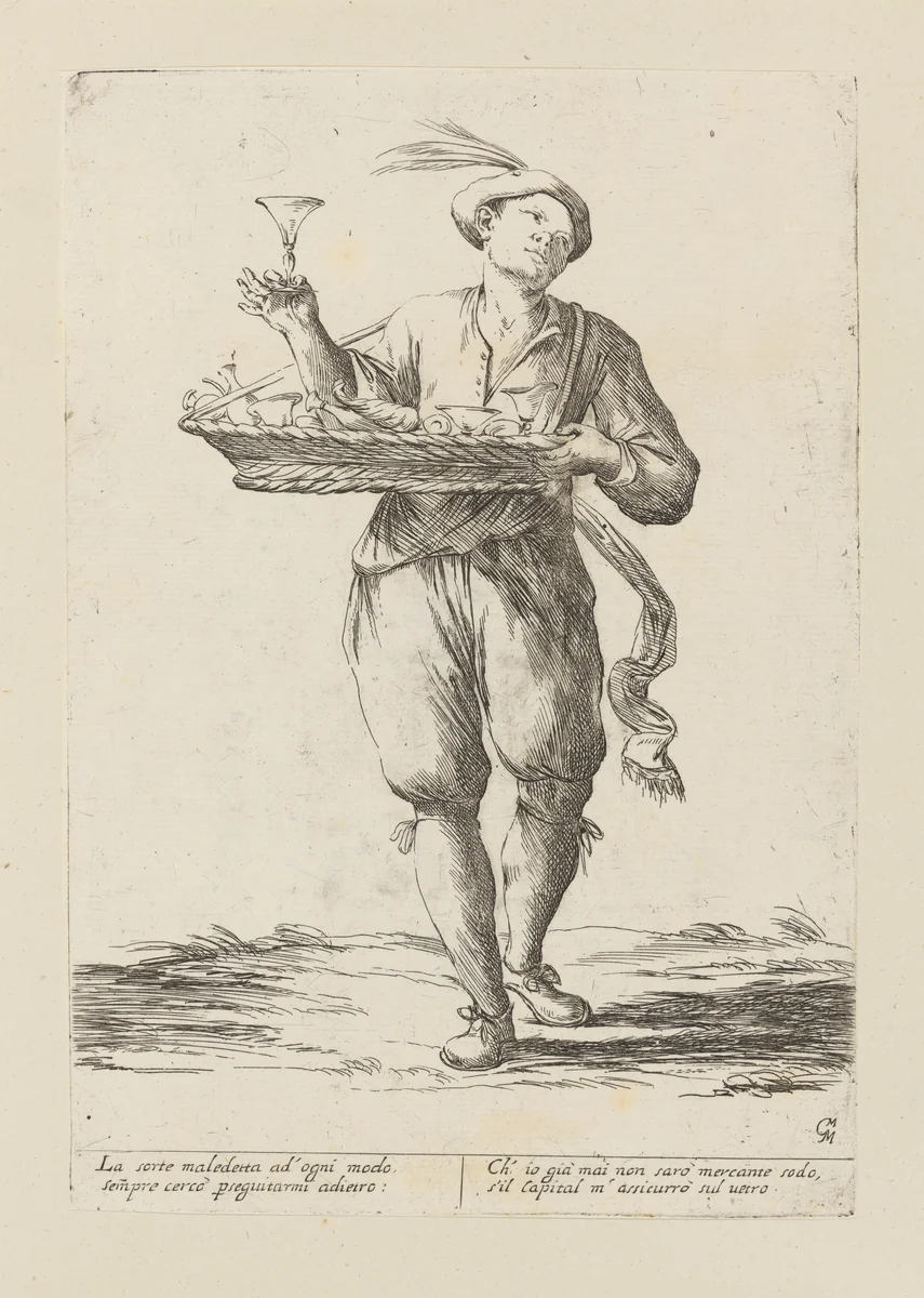 Vendor of Glassware, from Di Bologna l'Arti per via D'An.ibal' Ca.rac, plate 19 by Giuseppe Maria Mitelli, print, 1660