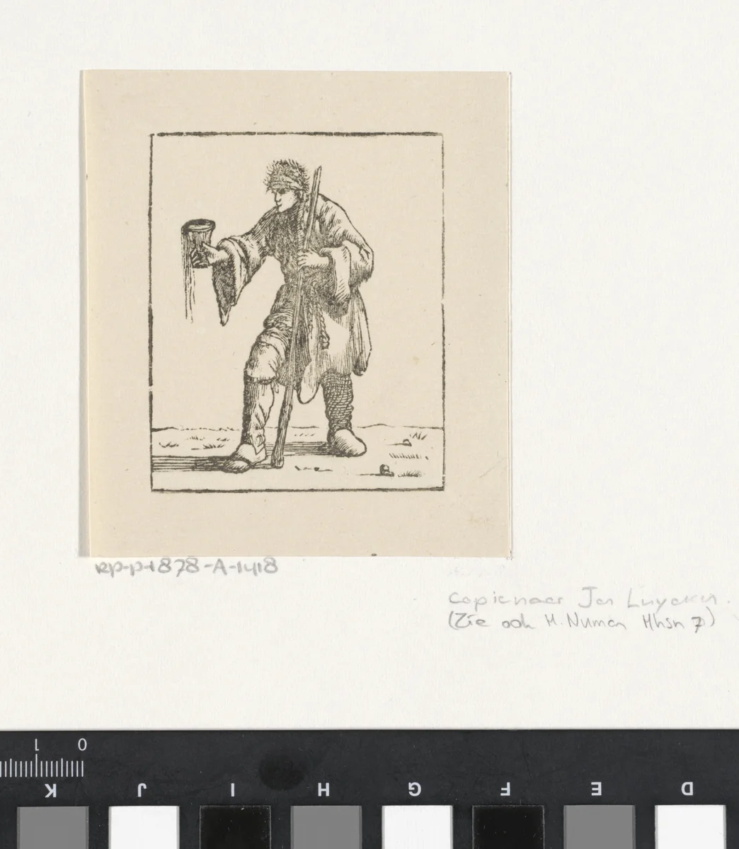 Bedelende man met hoed en stok by Jacob Plügger, print, 1805-1871