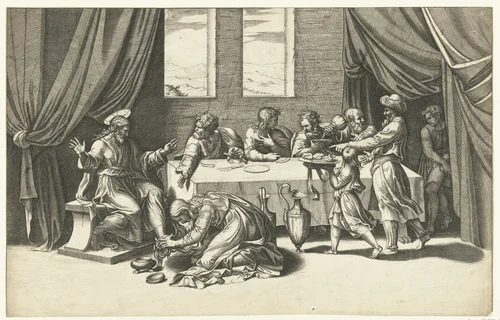 Christus in huis van Simon de Farizeeër by anonymous, print, 1520-1575