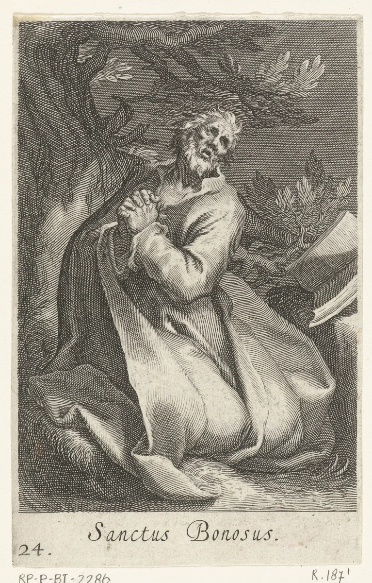 Heilige Bonosus als kluizenaar by Boëtius Adamsz. Bolswert, print, 1590-1612