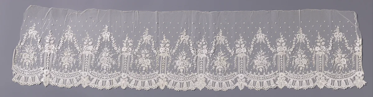 Strook applicatiekant met u-vormige cartouches met strikken en bloemslingers erboven en klokjesbloemen eronder by anonymous, book, 1840-1860