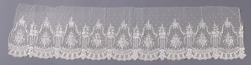 Strook applicatiekant met u-vormige cartouches met strikken en bloemslingers erboven en klokjesbloemen eronder by anonymous, book, 1840-1860