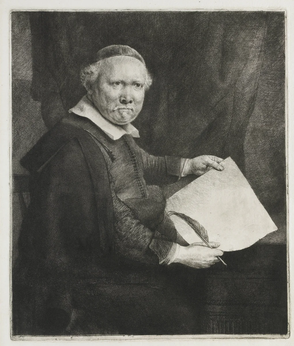 Lieven Willemsz. van Coppenol, writing master: the larger plate by Rembrandt van Rijn, print, 1658